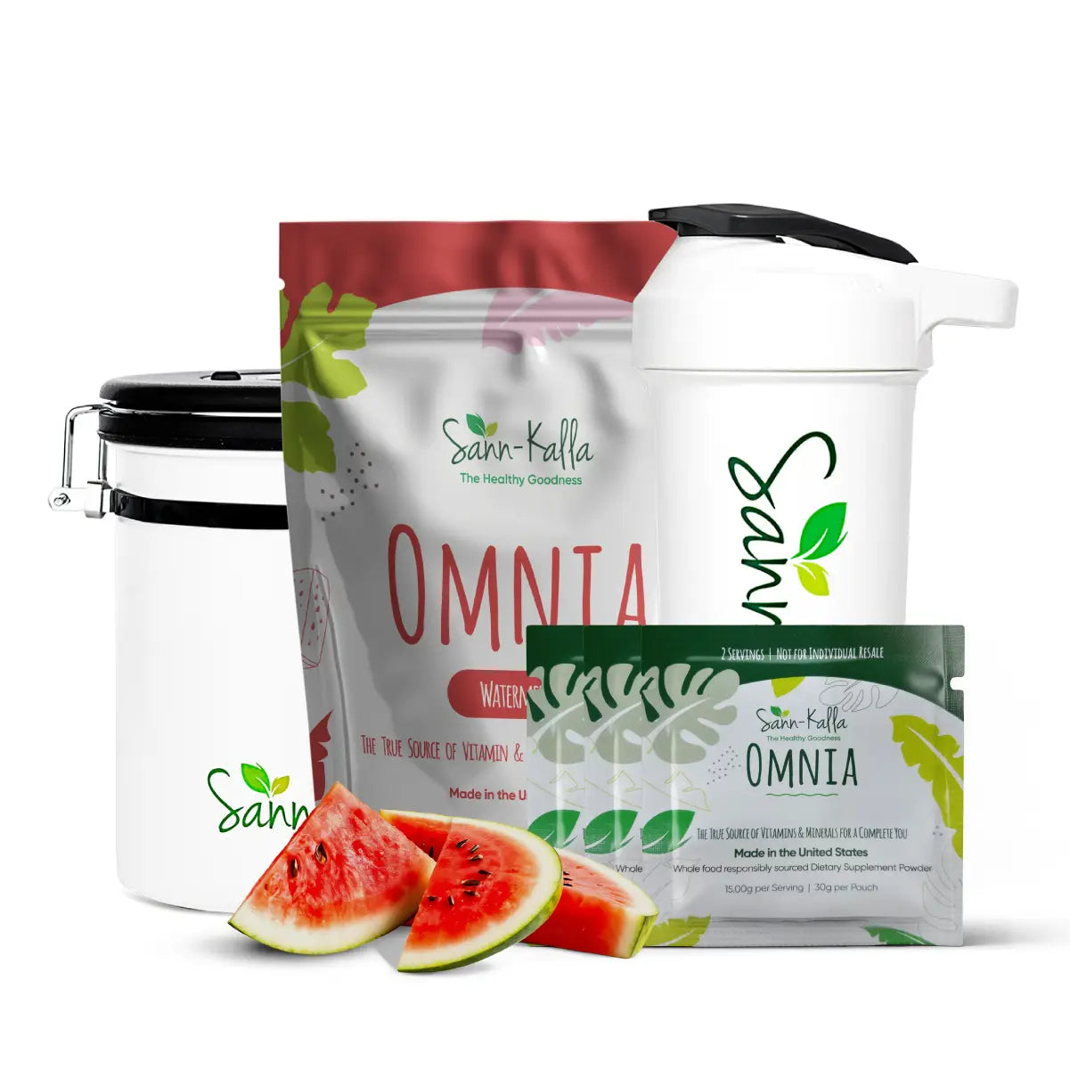 Sann-Källa Omnia superfood powder watermelon flavor with branded shaker bottle and scoop container, featuring plant-based multivitamin blend and fresh berries, clean white background.