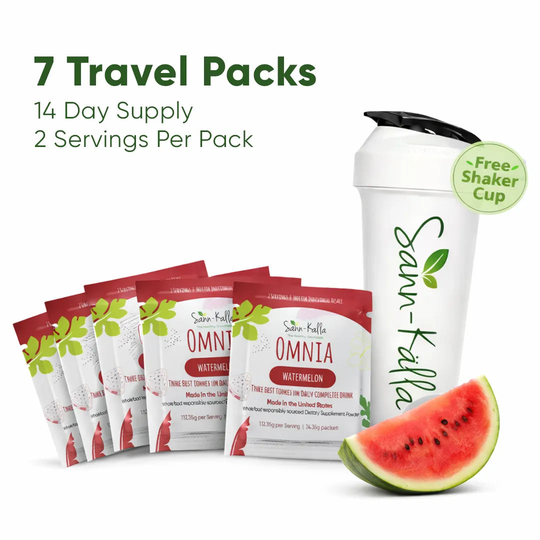 Omnia watermelon supplement packs with a shaker cup and watermelon slice on a white background